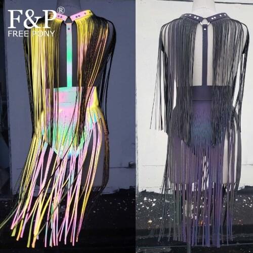 Rainbow Reflective Leather Fringe Shoulder Piece Harness Belt Midi Long Skirt Burning Man Festival Costume Rave Wear Clothes