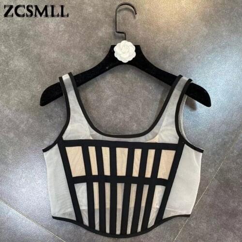 ZCSMLL 2021 spring decoration line edge decoration perspective machine fish bone waist Organza vest women tops