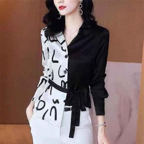 Imitation silk Irregular Shirts Women Lapel long sleeves Chic stitching office Female Blouse Lace up slim Elegant Buttons Tops