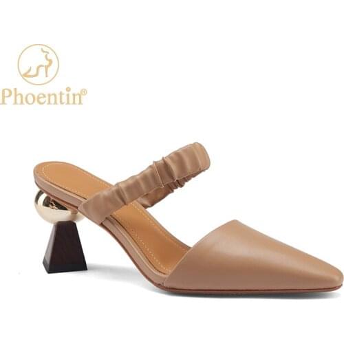 Phoentin Womens Heeled Slippers Cross Strap Dress Shoes Cow Leather Strange Heels 2021 Summer Women Pumps Plus Size FT1420