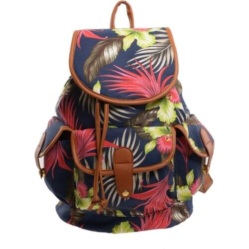 Womens Vinatge Drawstring Backpacks Large Capacity Flower Printing Canvas Shoulders Backpacks Rucksack WZ004