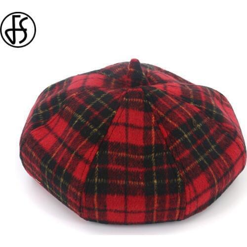 FS Wool Plaid Beret Hats Women Winter Ladies Female 2018 New Fashion Autumn Warm Octagonal Cap Retro Painter Hat