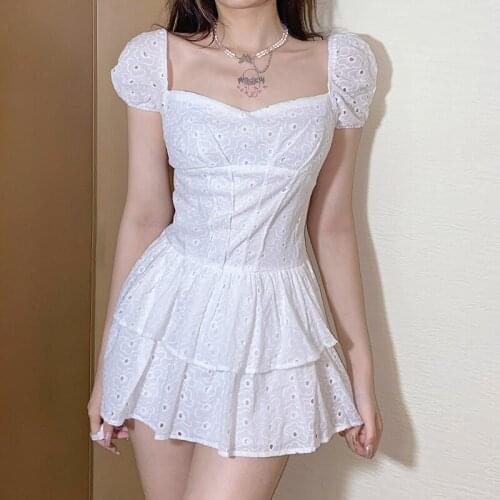 Vintage Dress Women Summer Puff Sleeve Flower Embroidered Hollow Out Lace Cake Dress Dresses White Black