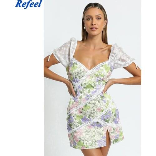 Spring summer bodycon mini dress floral print lace up split patchwork deep v neck sexy dresses female