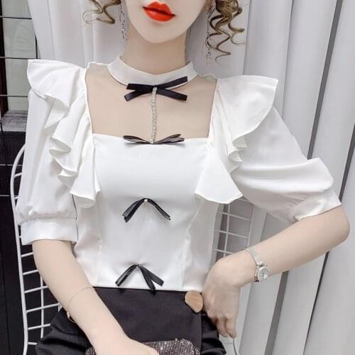 2021 summer new style bow knot ruffled square neck halter neck sweet blouse high waist short ladies blouse fall 2020 women