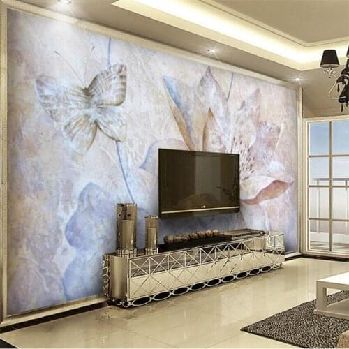 Wellyu 3D three-dimensional relief retro lotus butterfly background wall custom large mural green silk cloth wallpaper