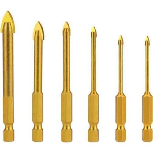 6x Titanium Ceramic Tile Glass Drill Bit Carbide Cross Spear Head Hex Shank