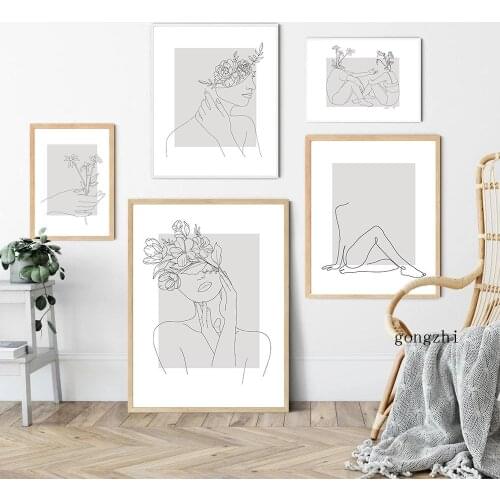 Abstract Woman Line Drawing Nordic Posters Minimalist Grey Canvas Painting and Prints Modern Wall Art Picture Bedroom Home Decor