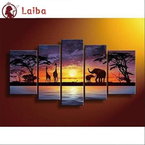 New Diamond Painting Natural landscape sunset giraffe elephant diamond mosaic full square drill embroidery cross home decor5pcs