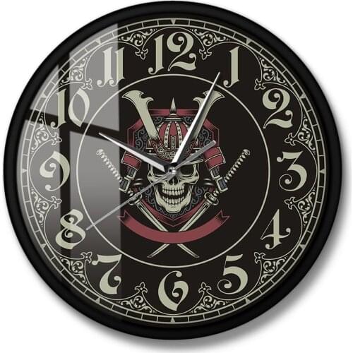 Silent Non-ticking Wall Clock Japanese Skull Warrior Samurai Skeleton Bone Evil Fighter Death Scare Decorative Clock Wall Watch