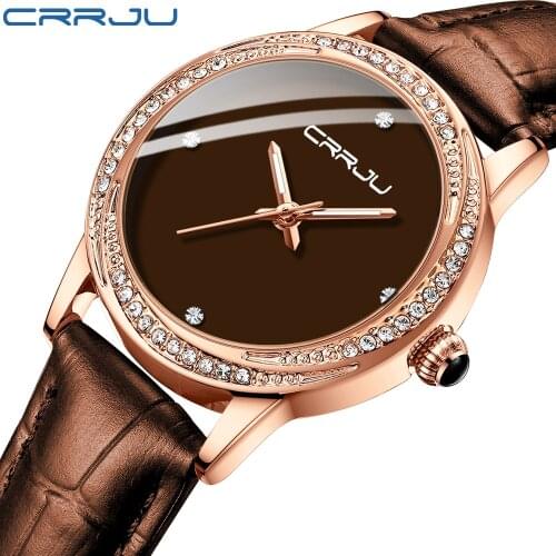 Ladies' Watch CRRJU Fashion Elegant damond Japan Movement Quartz Watches for Women Waterproof Leather Strap Watches montre femme