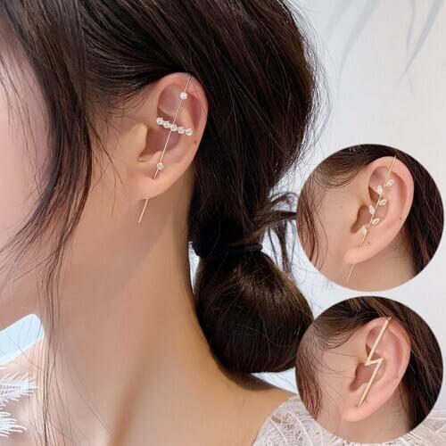 Zircon Crystal Stick Piercing Earrings for Women Ear Wrap Crawler Hook Rhinestone Hoops 2021 New Korean Jewelry Pendientes C074