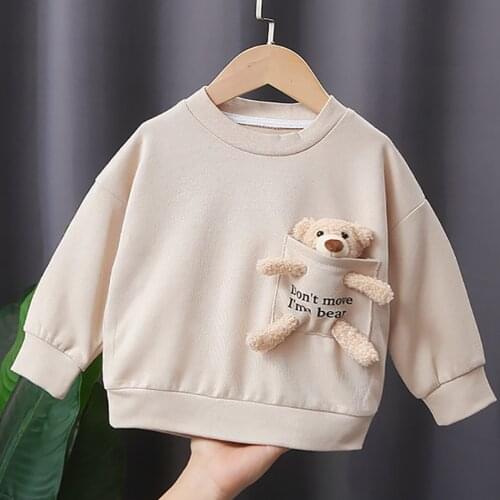 Children Girls Sweatshirt with Toy Bear Spring Autumn Clothes Toddler Kids Outerwear Jacket Solid Color Pullover Sweatshirt 1-6T
