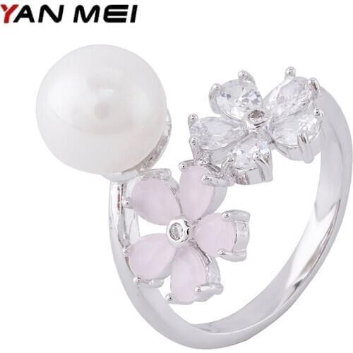 YANMEI CZ Open Imitation Pearls And Flower rings For Women Rhinestone Adjustable Anneau Fashion Accessories YMD1834
