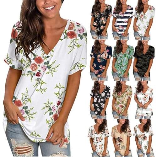 Summer New Women T-Shirt Casual V Neck Tee Polyester Bright-colored Flower Print Street Top Female Loose Blouse Plus Size Blusas