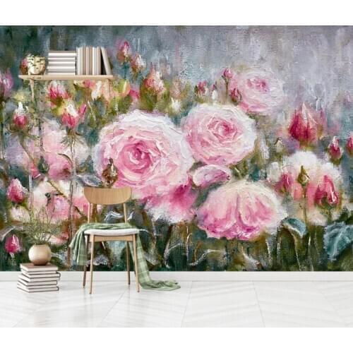 Pink Rose Flower Oil Painting Wall Mural Wallpaper European Floral Fresco for Living Room Bedroom Wall Decor Photo Wall Paper 3D
