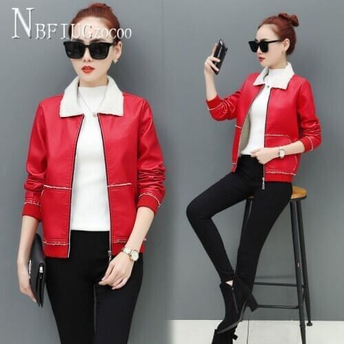 2020 New Korean Slim Lining With Fluff Women Coat Pu Leather 3 Color Can Choose Female Jacket