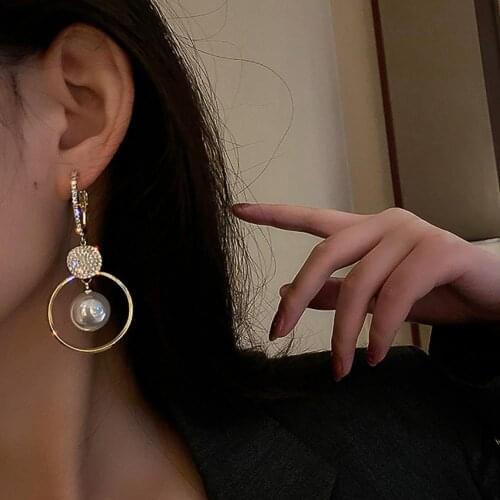 New Trendy Faux Pearl Rhinestone Women Elegant Round Earrings Alloy Circle Long Wedding Earrings Jewelry Accessory Charm Gift