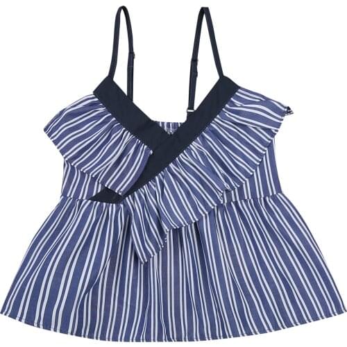 2-7Y Fashion Children Girls Clothing Summer Baby Clothes Kid Girl Ruffle Stripe Printed Shirt Sleeveless Top