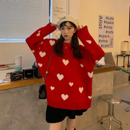 Loose Women Sweater Love Heart Knitted Pullover Casual Long Sleeve Pull Femme Trend Korean Fashion Top Sweater Goth Clothing New