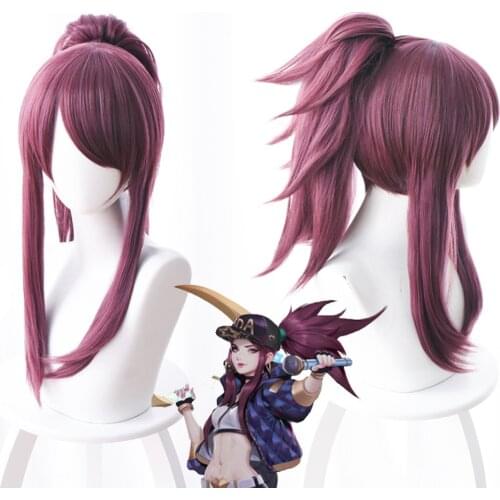 LOL KDA Akali The Rogue Assassin Akali Mixed Purple Ponytail Clip Heat Resistant Hair Cosplay Costume Wig + Free Wig Cap Party