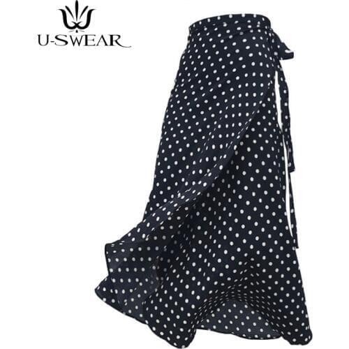 U-SWEAR Summer Bohemian Polka Dotted One-piece Sashes Long Wrap Skirts Side Split Ruffled A-line Chiffon Beach Ankle Long Skirts