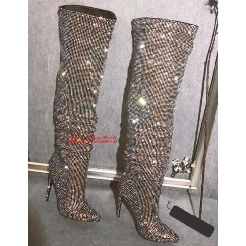 Women Fashion Pointed Toe Bling Bling Over The Knee Rhinestone Long Boots Crystal High Heel Boots Luxury Thin High Heel Boots