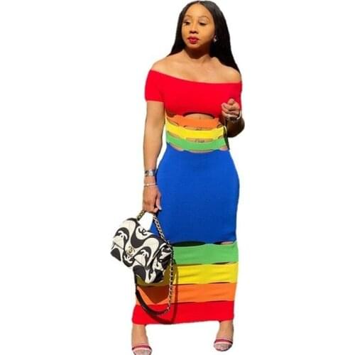 Color Patchwork Summer Maxi Dresses for Women Streetwear Fashion Short Sleeve Casual Sundress Off Shoulder Bodycon Long Dress