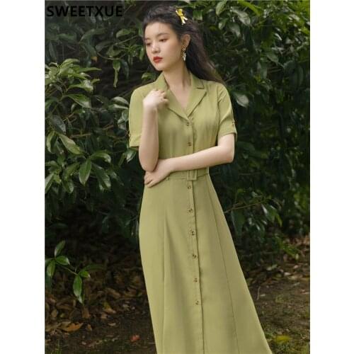 SWEETXUE French Vintage Slim Dress Womens 2021 Summer V-neck Single-Breasted Fashion Elegant Holiday Long Dress + Belt