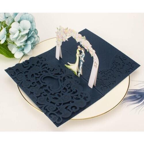 10pcs/lot 3D invite pocketfold Wedding invitation Cards three folded card laser cut pocket Greeting invitations cover for party