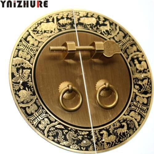 140mm 180mm 240mm Wardrobe Door Handle Chinese Copper Antique Round Handle Retro Zodiac Signs Engraved Design Screw Mount