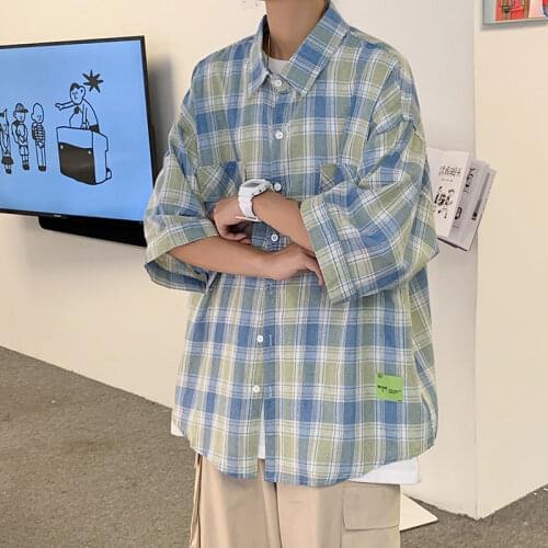 2021 Summer Mens Lattice Printing Cargo Cotton Shirt Fashion Shorts Sleeves Shirt Coats Camisa Masculina Streetwear Shirts