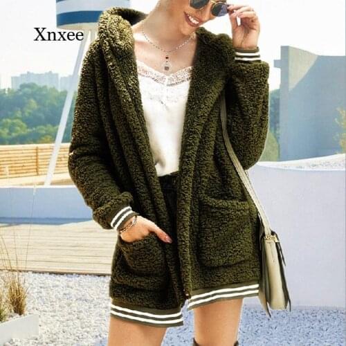 2021 Wool Hoodie Cardigan Fashion Casual Loose Coat with Hat Striped Long Jacket Winter Thick Warm Blend Clothing Tops Mujer