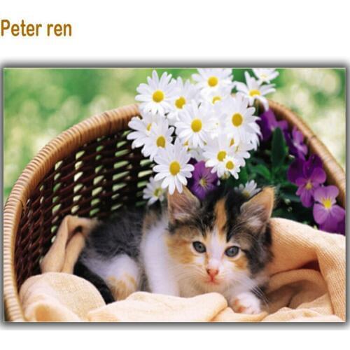 Peter ren Diamond painting 3d Diamond Mosaic Square Diamond Drawing cross stitch full filled Diamond embroidery Flower and cat