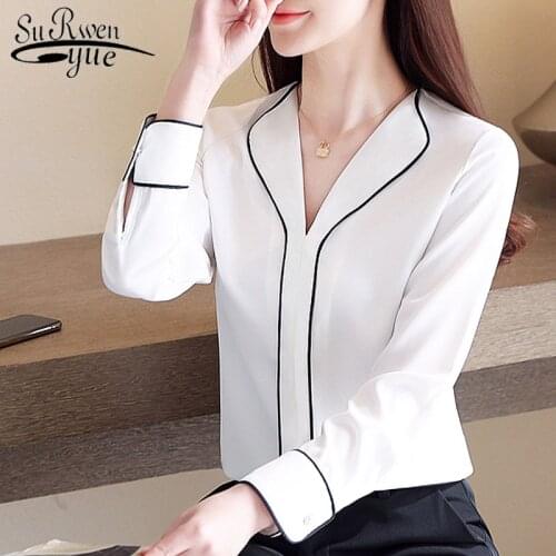 Womens Tops and Blouses 2021 Spring V-neck Solid White Long Sleeve Shirts Women Blusas Mujer De Moda Button Ladies Tops 8394 50