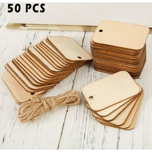 50pcs Nature Wooden Label Blank Rectangle Wooden Hanging Tags Label Wood Slice Gift Tags With Hemp Ropes for Wedding Party Xmas