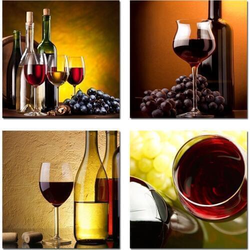 HD Modern Kitchen Canvas Painting 4 Panel Wine Glass Bottle Wall Art Oil Painting Set Bar Restaurant Decoration Picture
