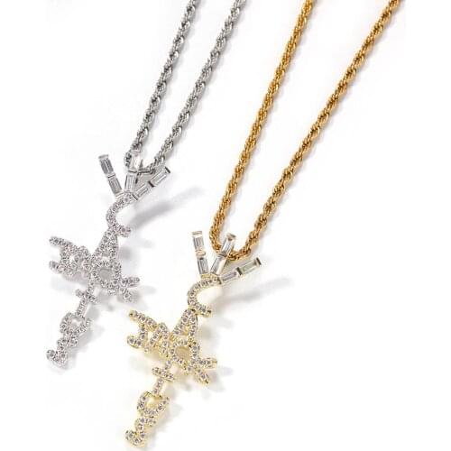 Hip Hop Fashion Micro Paved Cubic Zirconia Iced Out Bling CACTUS JACK Cross Pendants NecklaceS for Men Rapper Jewelry Gifts