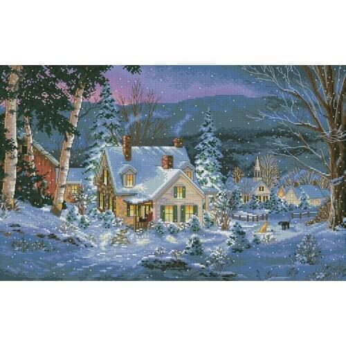 COTTON Beautiful Lovely Counted Cross Stitch Kit Winters Hush Silence Hivernal Hill House Winter Snow Night dim 08862