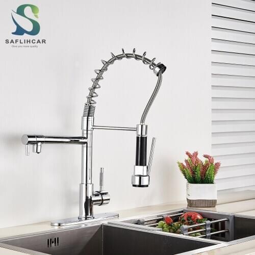 Chrome Pull Down Kitchen Sink Faucet Dual Spouts 360 Swivel Handheld Shower Kitchen Mixer Crane Hot Cold 2 Outlet Spring Taps