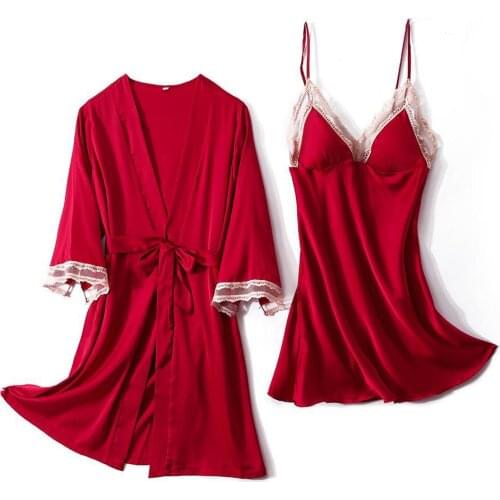 Bride Wedding Robe Set Satin Lace Summer New Kimono Sleepwear Lace Strap Nighties Casual Women Bathrobe Intimate Nightdress 2PCS