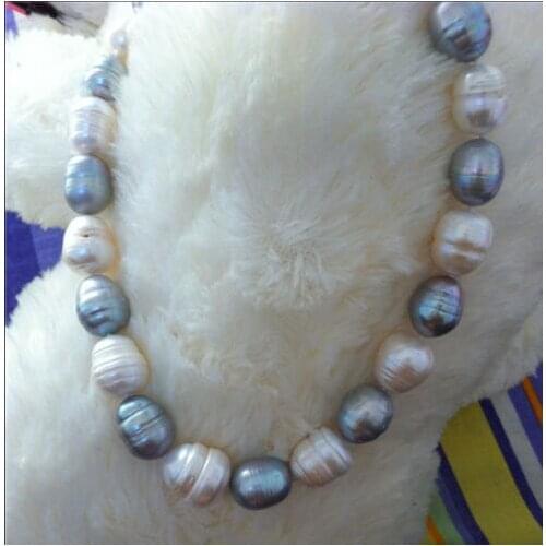 Nice natural cultured 14-15mm freshwater grey white pearl necklace18inch