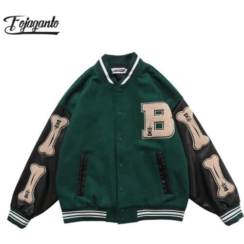 FOJAGANTO Mens Letter Embroidered Jacket High Street Fashion Contrast Stitching Baseball Uniform Hip-Hop Trend Jacket Men