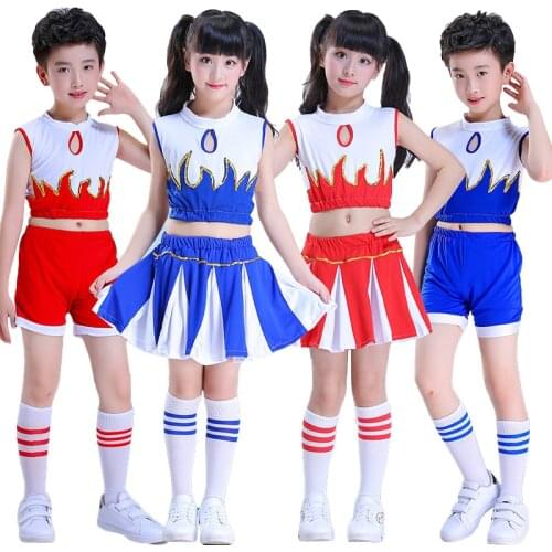 Red Blue Kids Girls Cheerleader Costume Children-Classic Cheer-leading Uniform Outfit Match Pom-poms Socks Halloween Costume