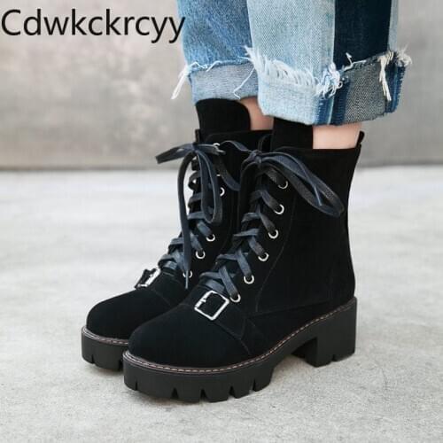 Winter The New fashion Round head Thick heel Martin boots student Leisure Lace Plus velvet Keep warm High heel Women boots 34-43