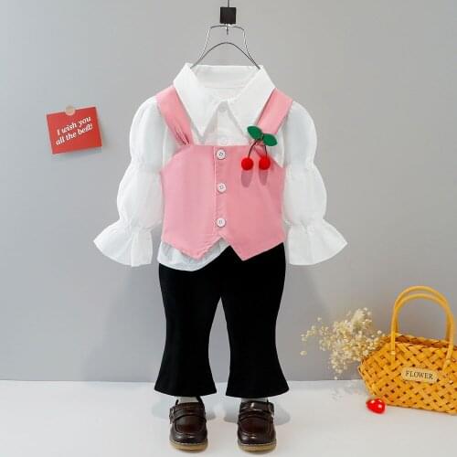 Baby girl clothes spring autumn fashion cherry waistcoat lantern sleeve baby girl 3-piece childrens clothing suit casual suit