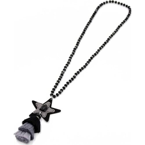 Necklaces for Women Girls Jewelry Crystal Beads Strand Tassel Pentagram Pendants Long Necklace Ethnic Chain