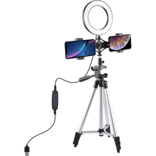 PULUZ PKT3034 6.2 Inch USB Video Ring Light Tripod Light Stand Dual Phone Clip for Photo Studio Tik Tok Youtube Live Streaming