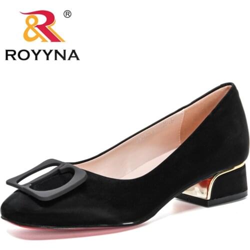 ROYYNA 2021 New Designers Women Elegant Shoes Shallow Thick Heel Wedding Party Fashion Lady Pumps Flock Round Toe Office Shoes