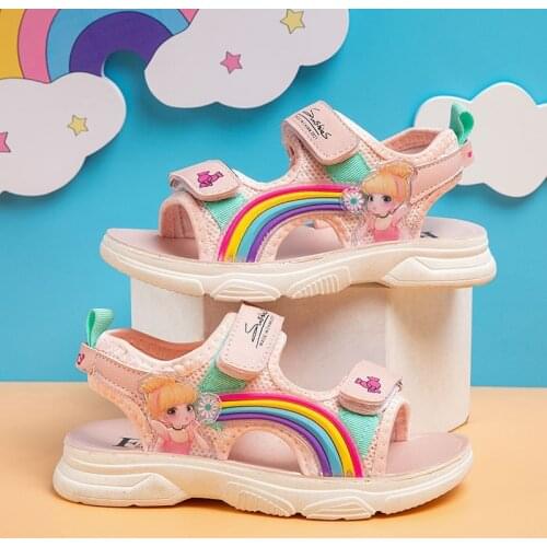 Fashion Sandals For Girls Rainbow Lovely Childrens Beach Shoes New Summer Kids Sandals Girls Princess Leather Mesh Casual Shoes